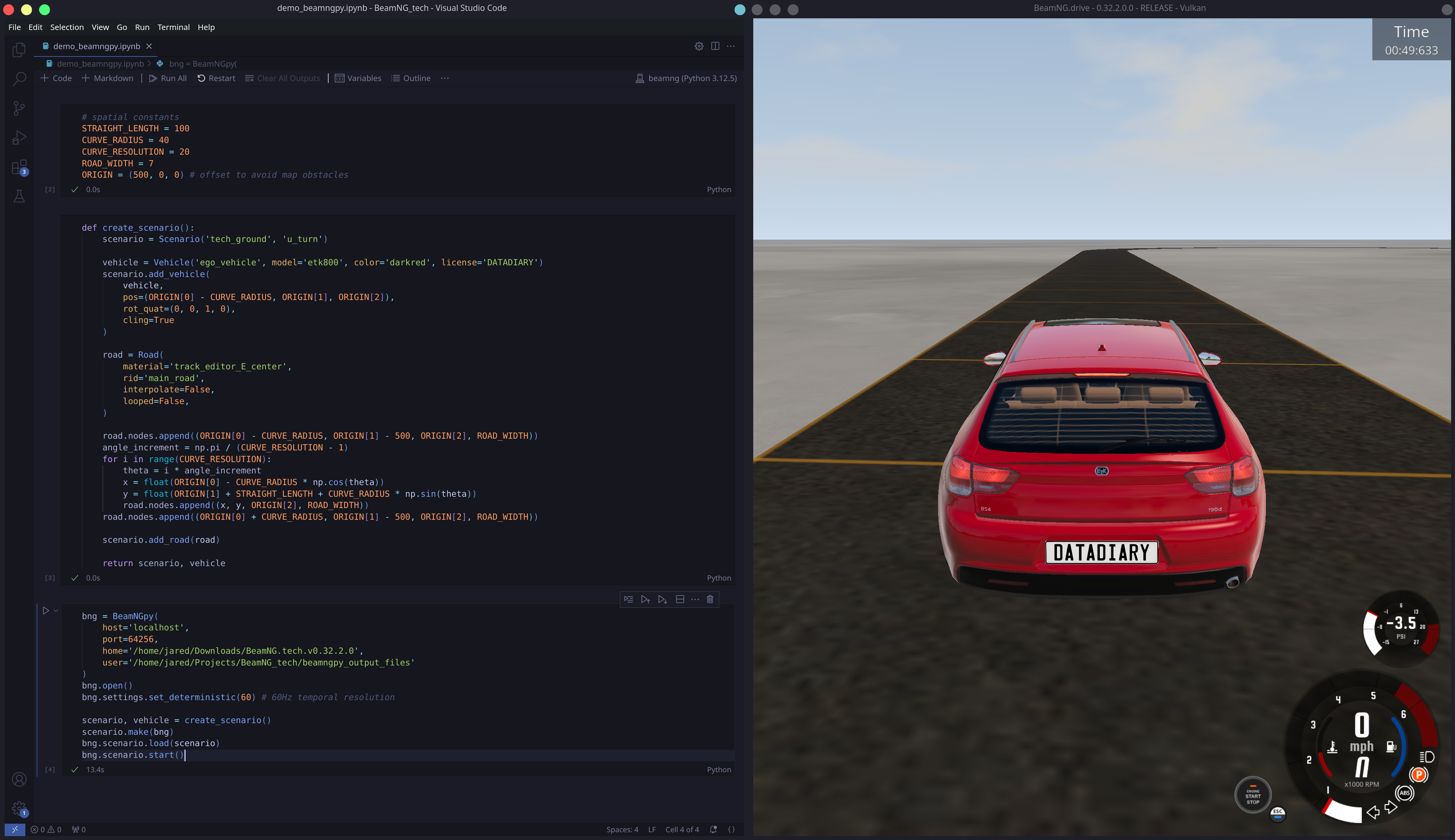 Screenshot of code alongside BeamNG.tech simulation